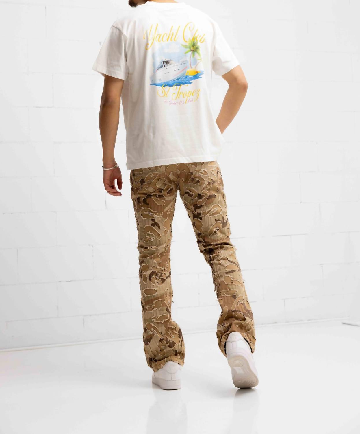 Franco Camo Shredded Denim Flare Jeans