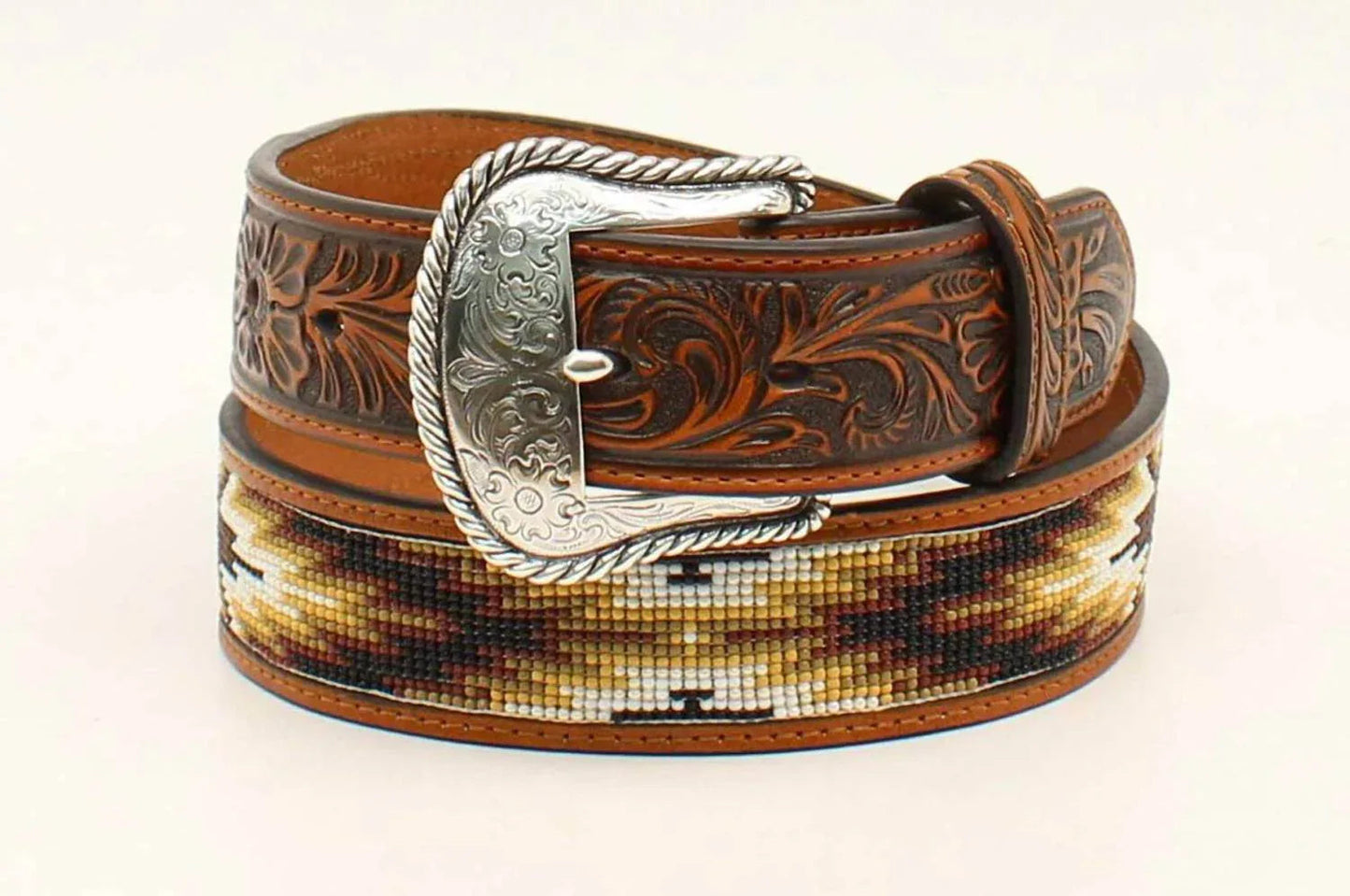 Men's Aztec Beaded-stitch Leather Belt