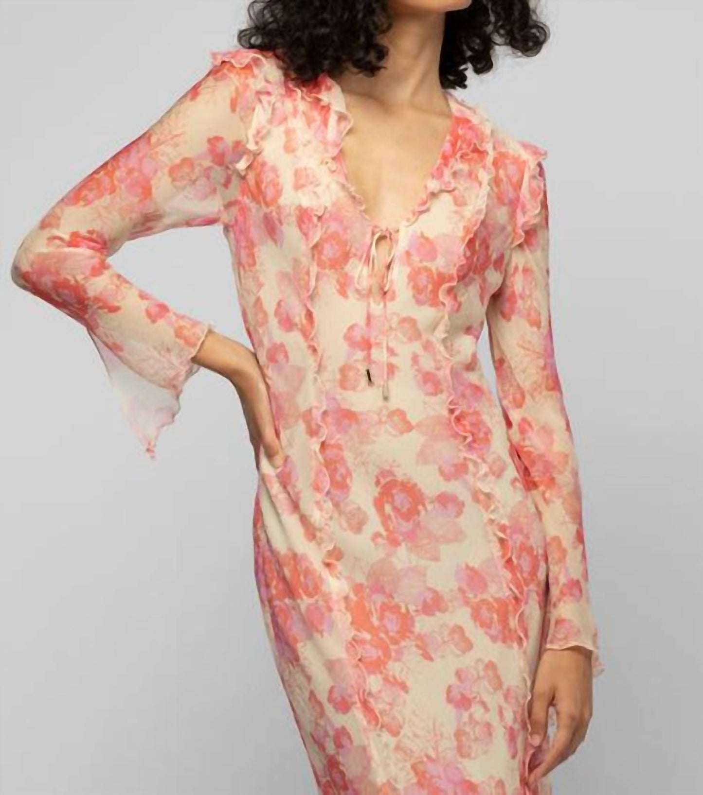 Razia Long Flower Print Maxi Dress With Ruffles