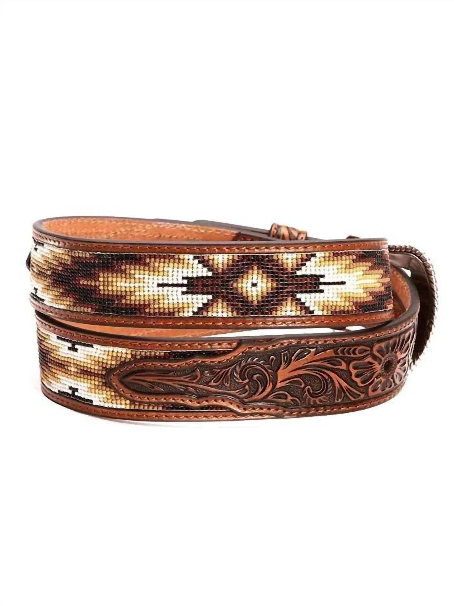 Men's Aztec Beaded-stitch Leather Belt