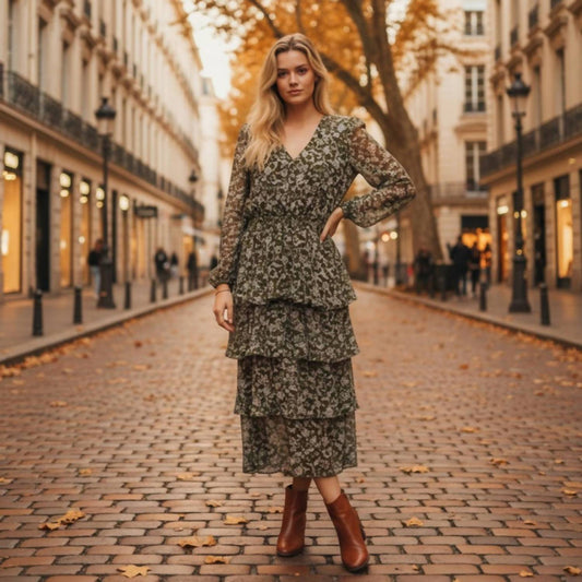 Floral Long Sleeve Tiered Midi Dress