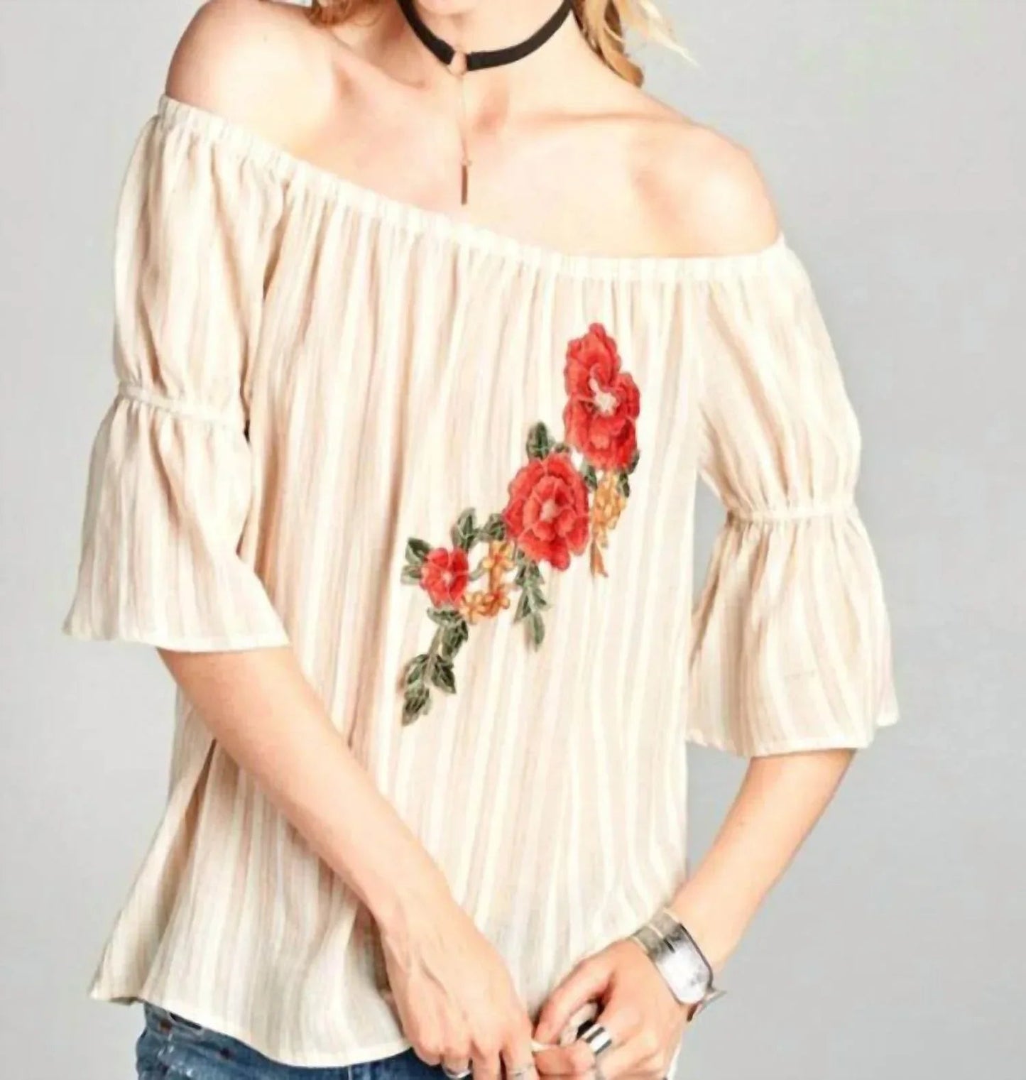 Off-The-Shoulder Striped Cotton Blouse
