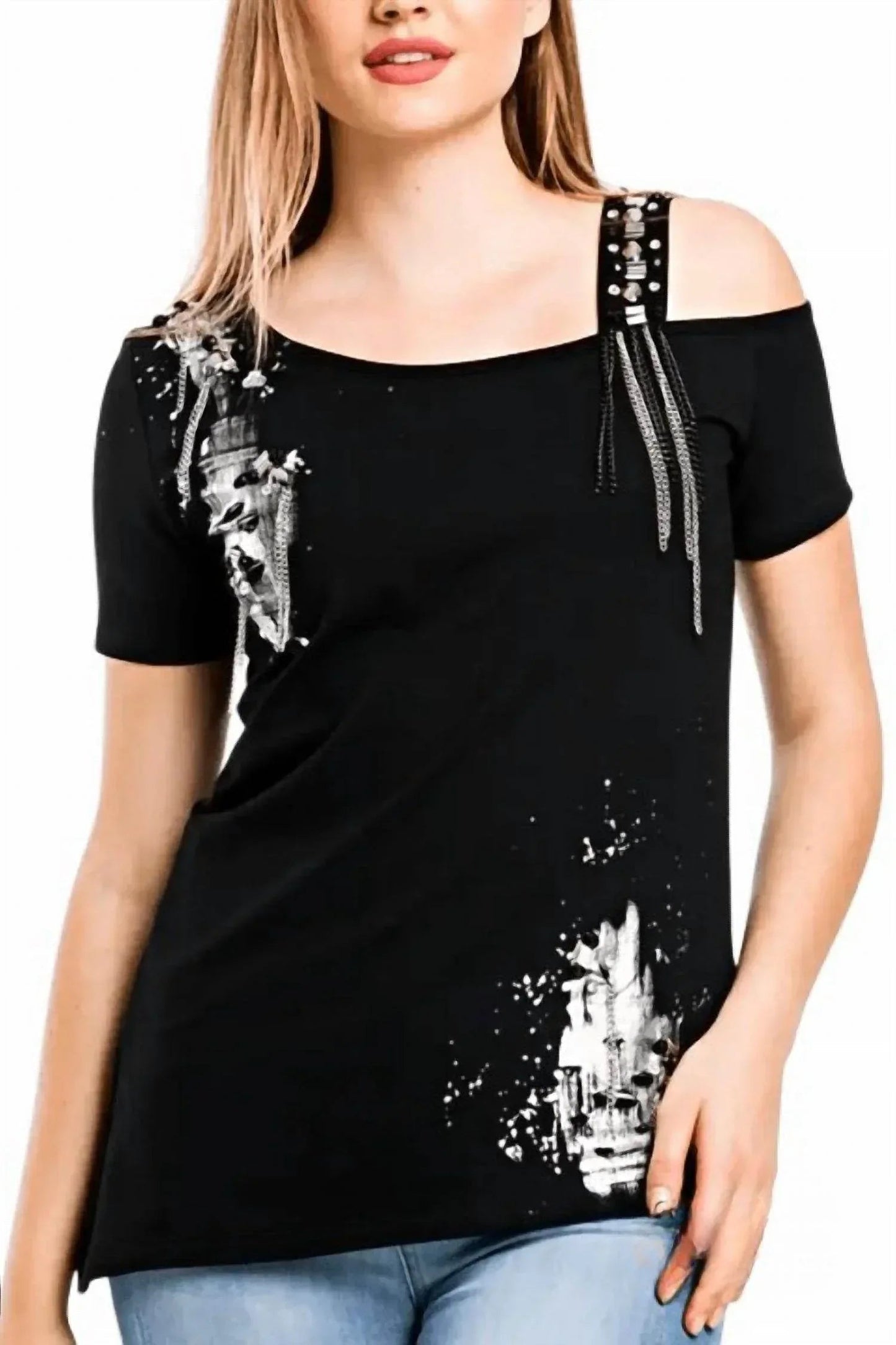 Tania One-Shoulder Studded Tee