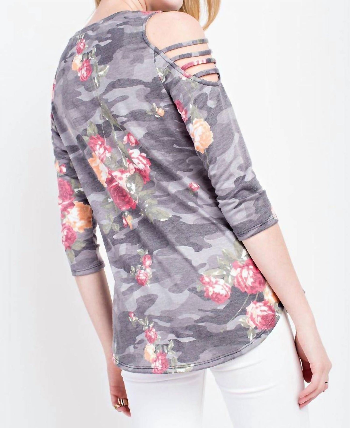 Floral Cold Shoulder 3/4 Sleeve Top