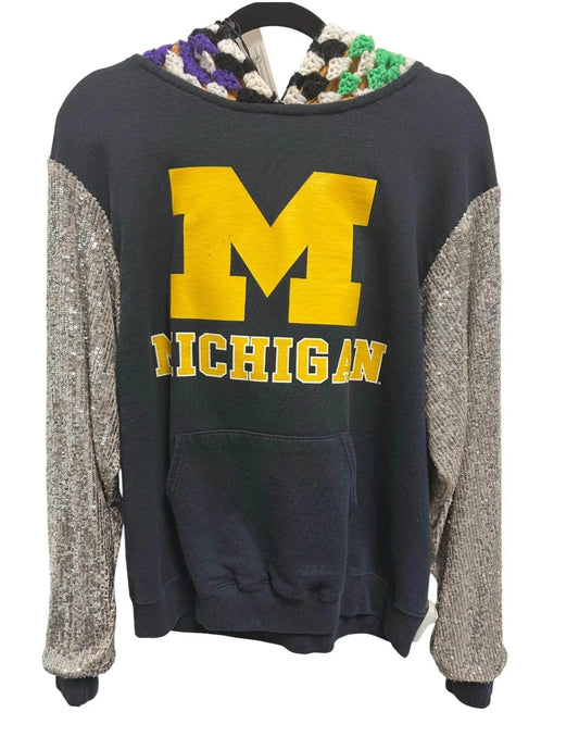 Women's Sweatshirt With Sequin Arms And Crochet Hood