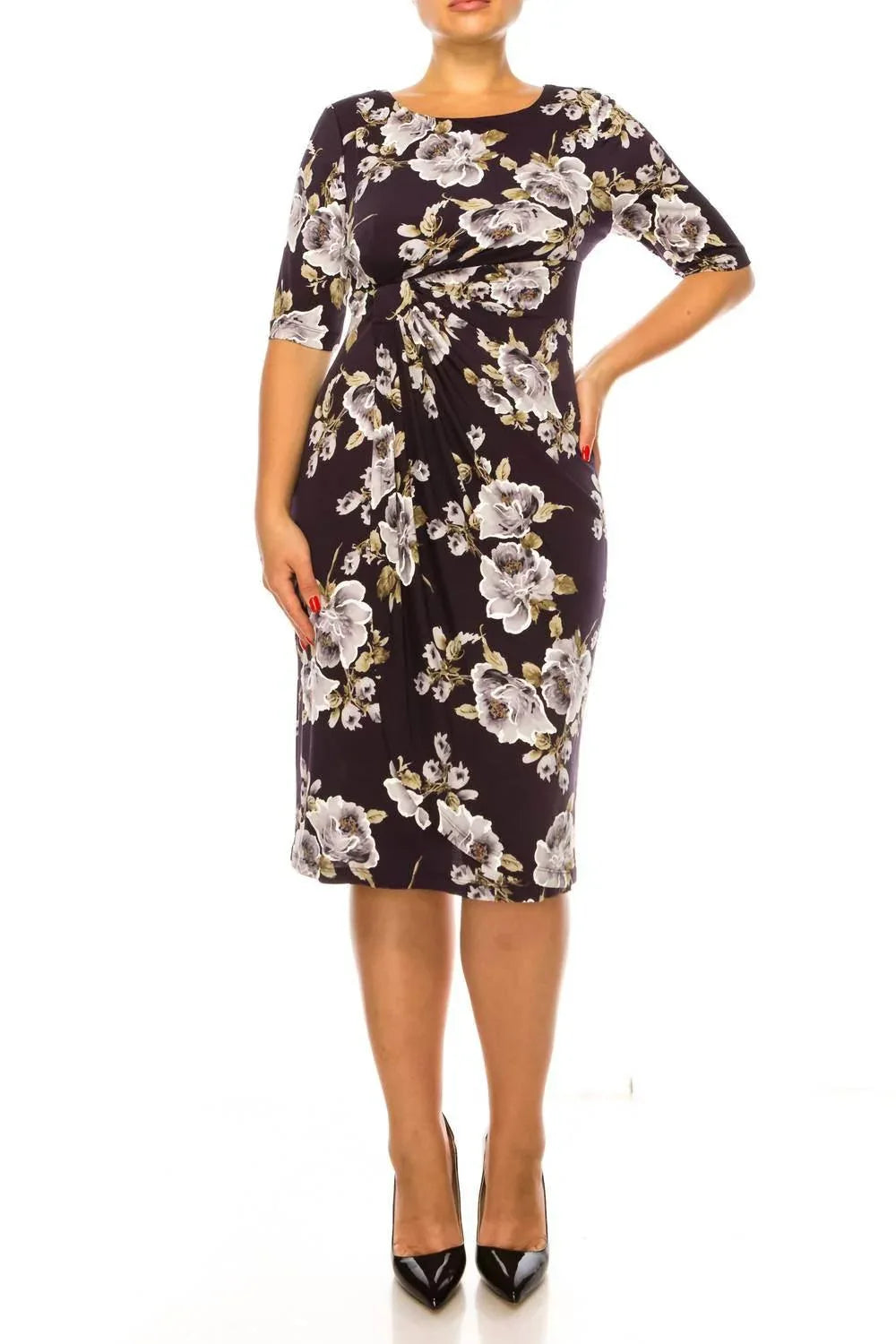 Side Pleated Floral Sheath Dress
