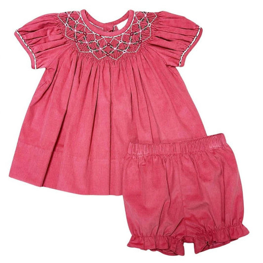 Mädchen Isabella Handbestickter Cord-Bischofs-Strampler-Set