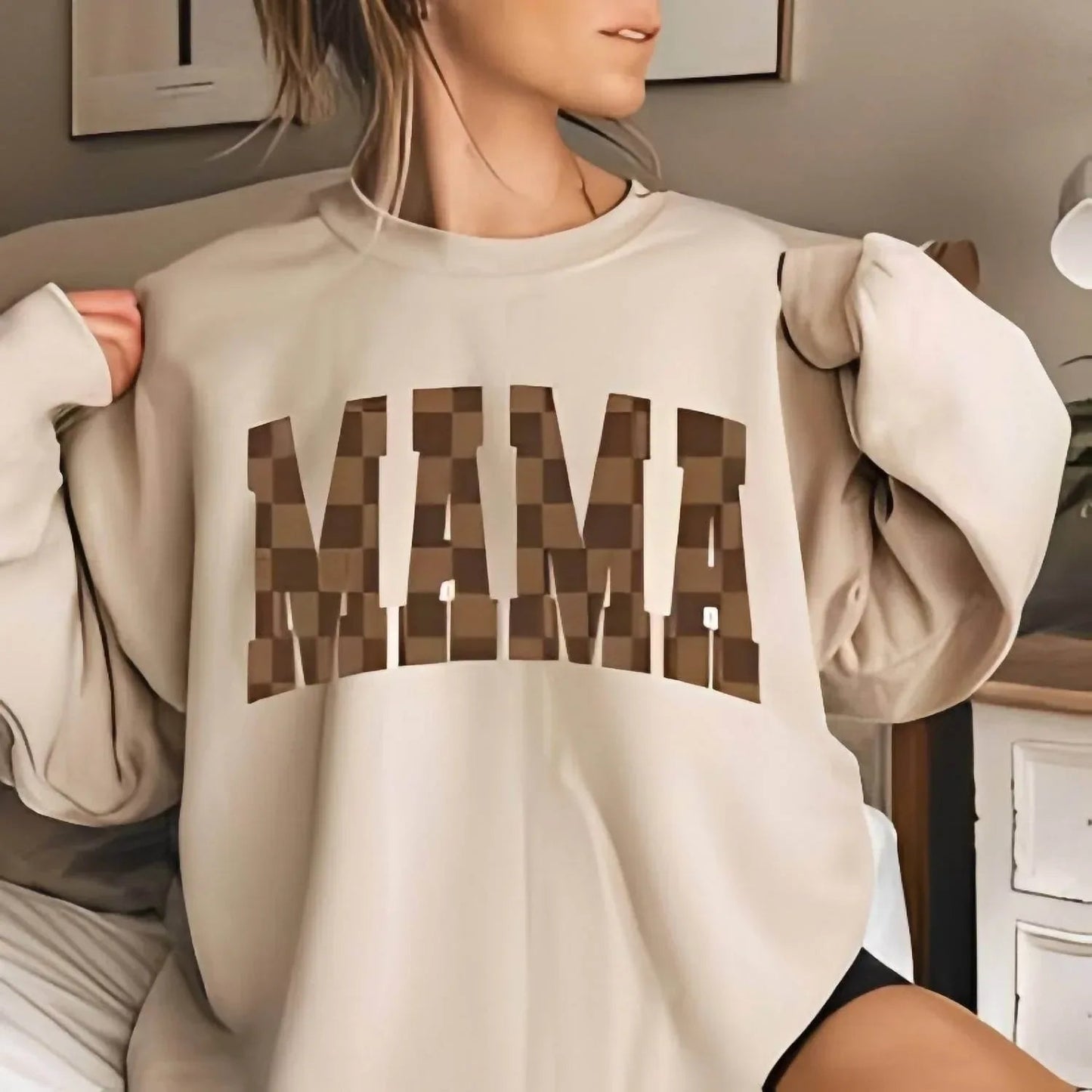 Mama Brown Checkered Crewneck Tee