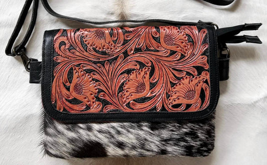 Women's Cowhide Purse W/ Leather Tooled Flap Crossbody