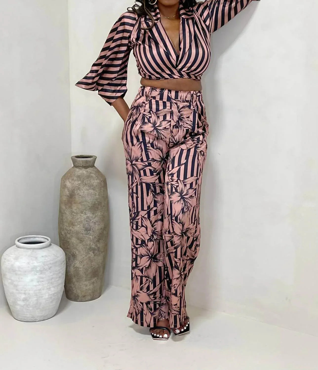 Lovely One Satin Striped Pant Set