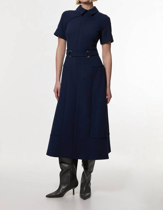 Compact stretch tipped tab detail full skirted midi dress