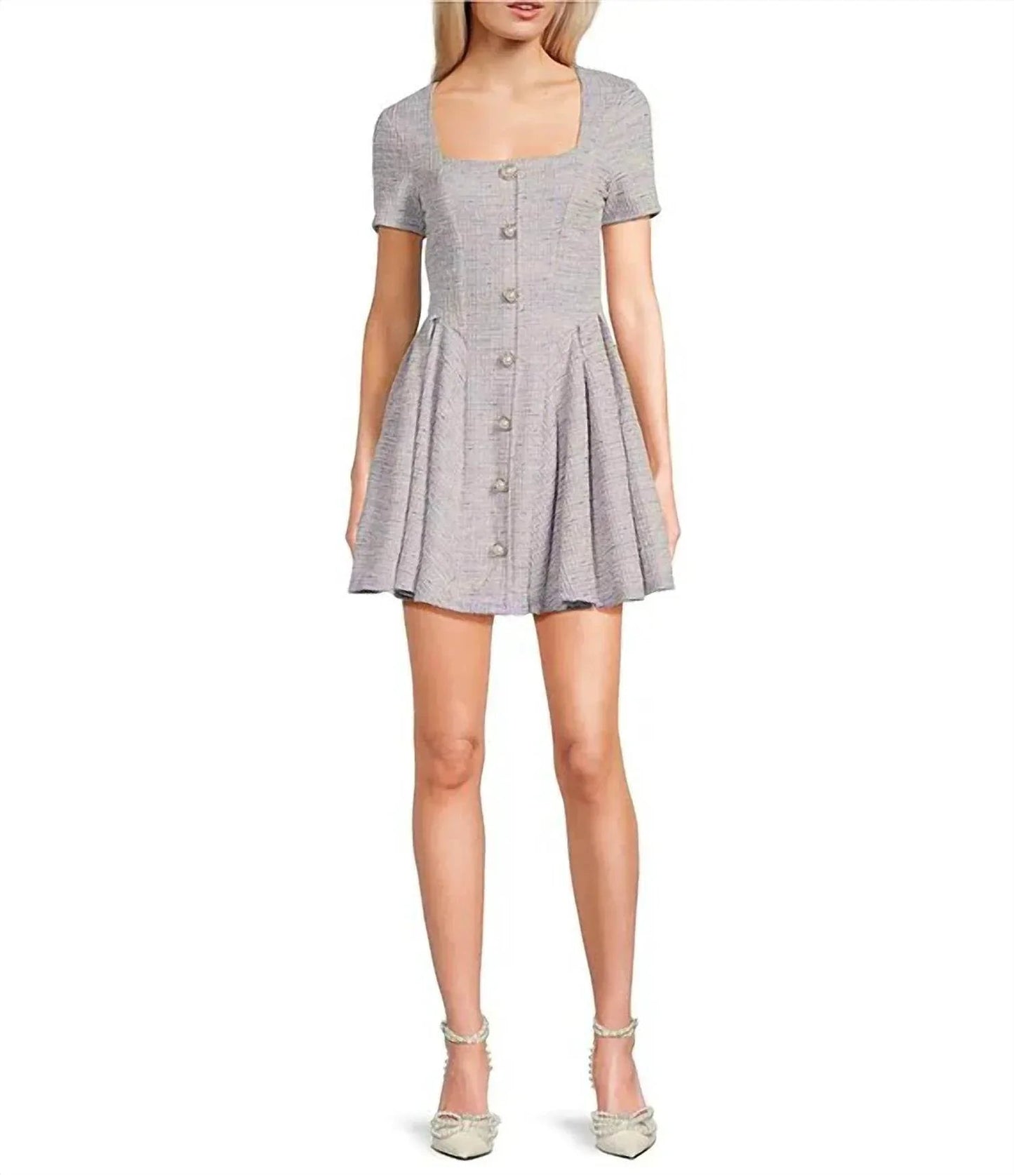 Bedrucktes Bouclé-Kleid mit eckigem Ausschnitt und kurzen Ärmeln