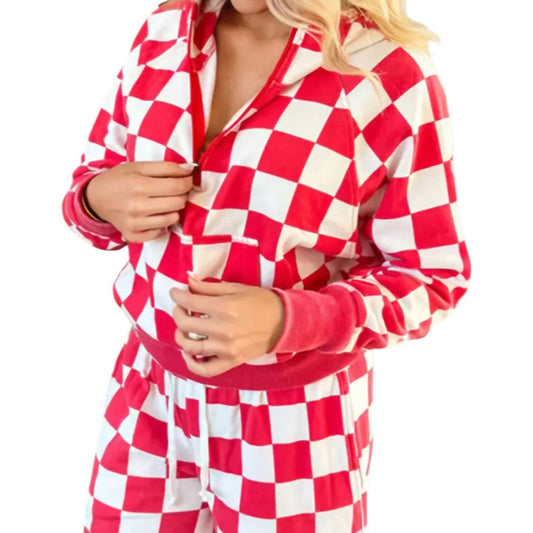 Checkered Print Half Zip Hoodie Loose Pant Set