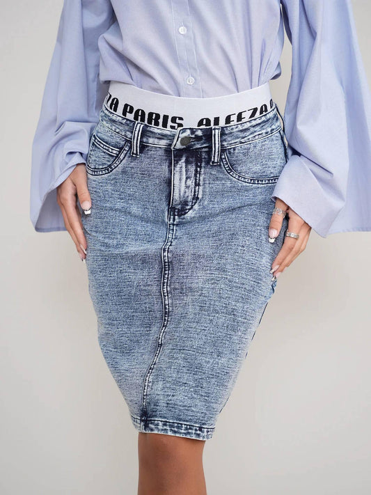 Denim Straight Skirt with Elastic Waistband