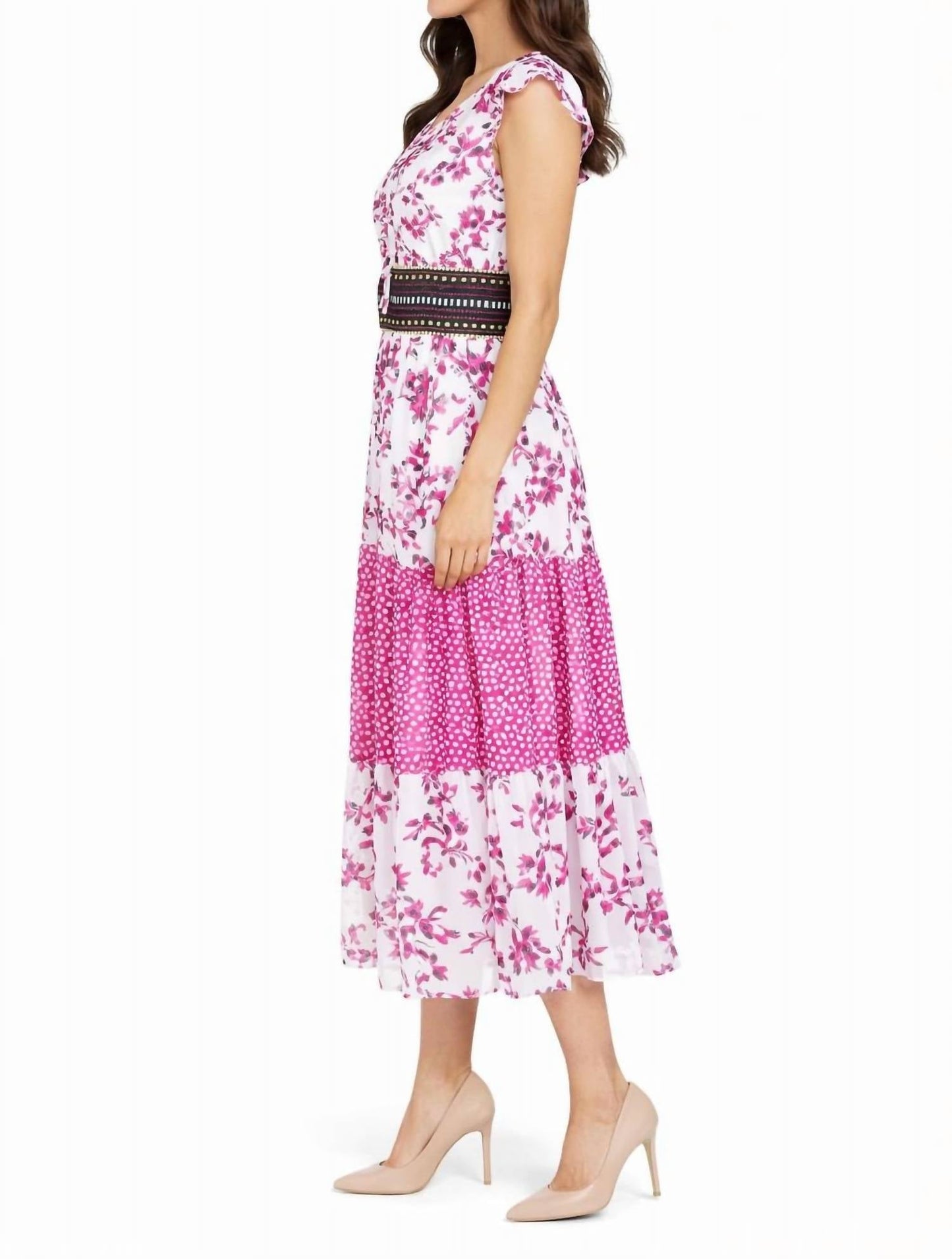 Gemustertes Midi-Chiffonkleid mit V-Ausschnitt