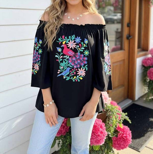 Floral & Bird Embroidered Off-shoulder Boho Top