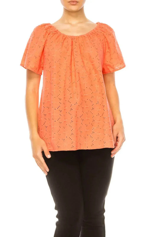 Floral Eyelet Elastic Neckline Top