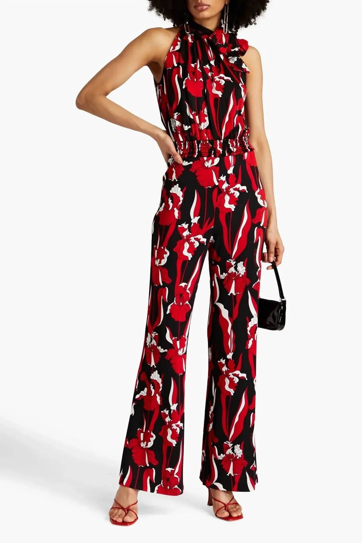 Pussy-Bow Floral-Print Jersey Jumpsuit