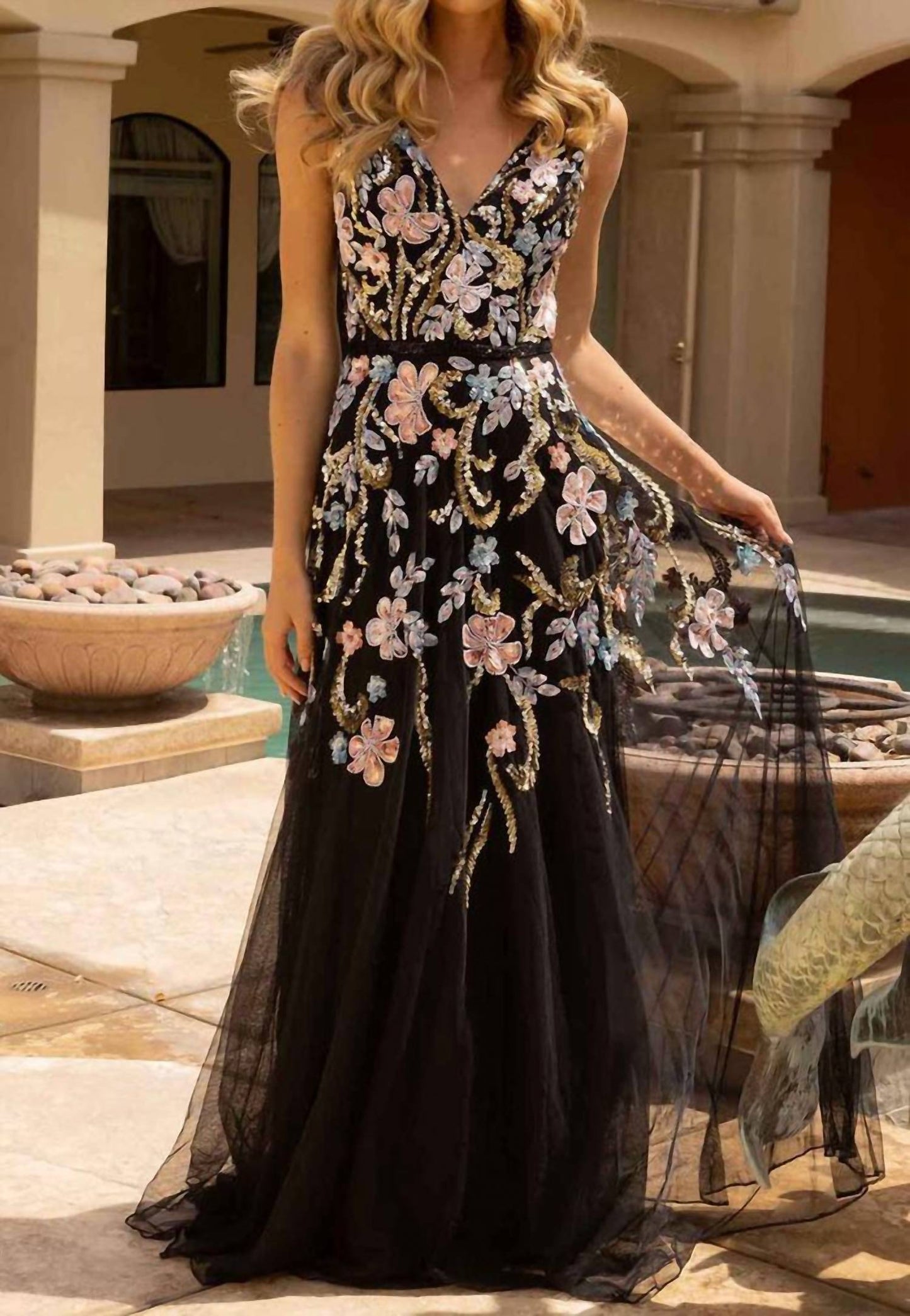 Floral Patterned Embellished Tulle Gown