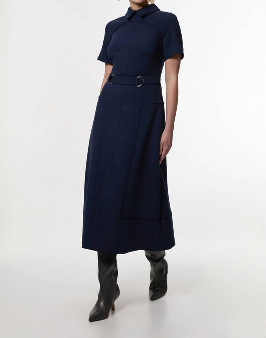 Compact stretch tipped tab detail full skirted midi dress