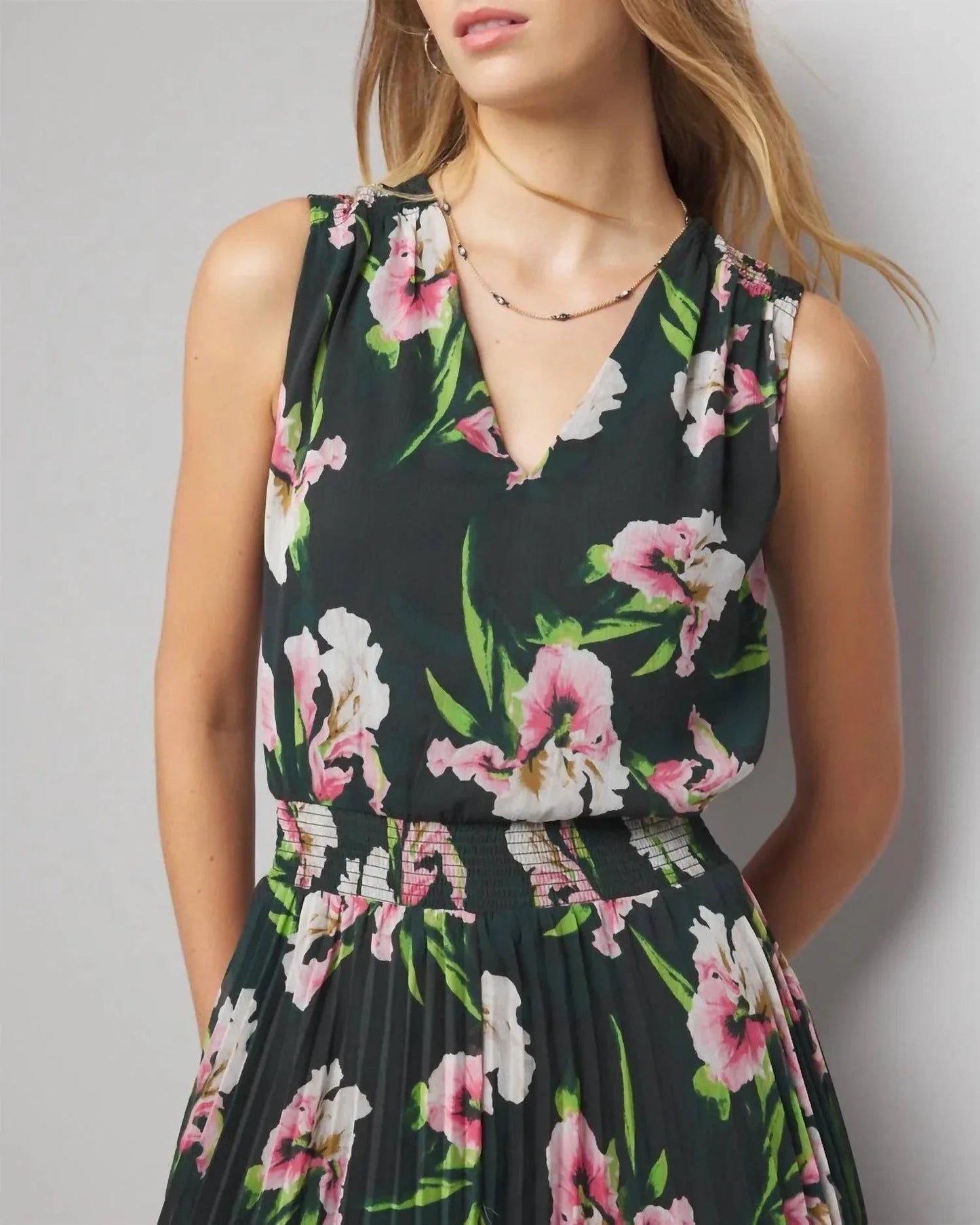 Sleeveless V-neck Smocked Midi Dress
