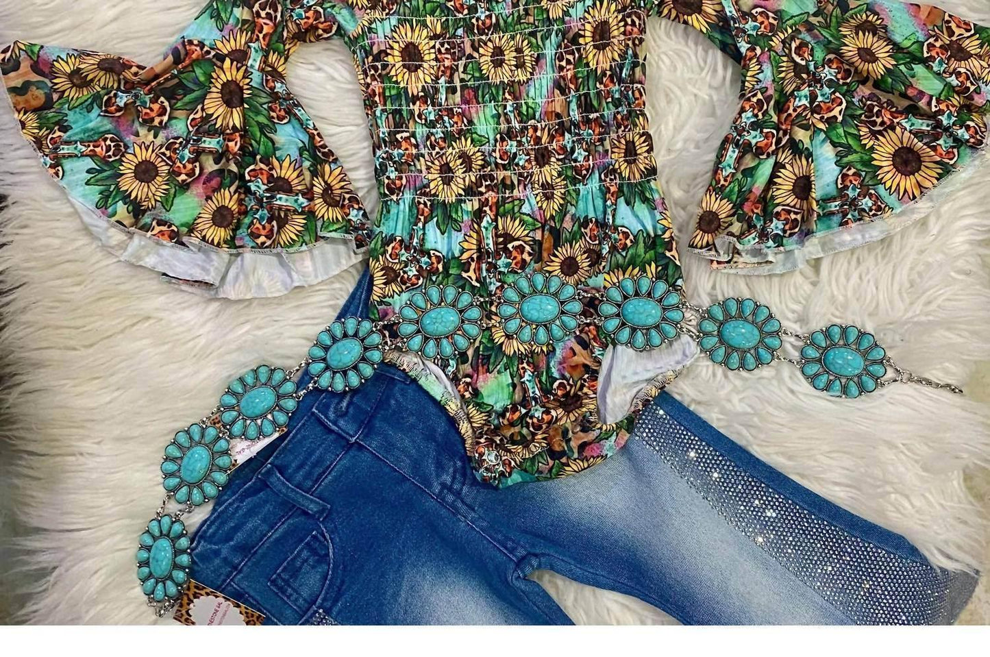 Baby-Body mit Sonnenblumen- und Leopardenmuster für Mädchen und passendem Stirnband