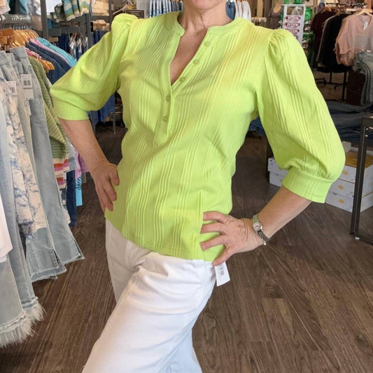 Button Front Elbow Sleeve Ribbed Top