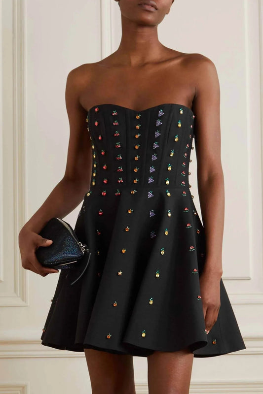 Trägerloses Mini-Kleid aus Wolle und Seide mit Kristallverzierung