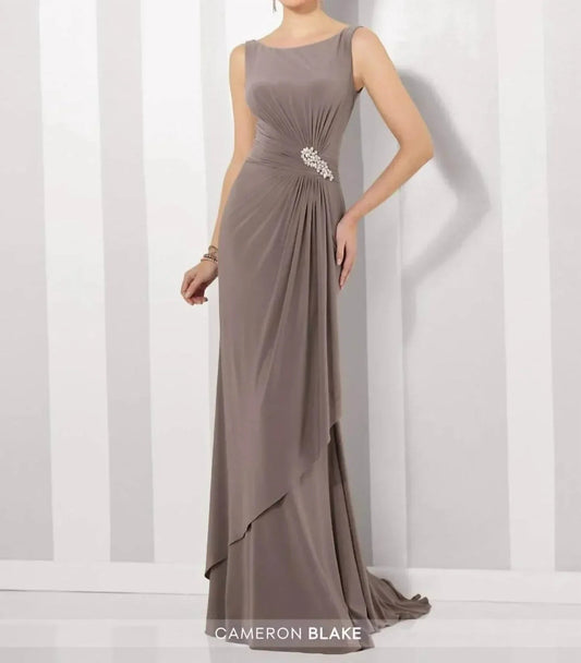 Taupefarbenes, langes, gestuftes Abendkleid
