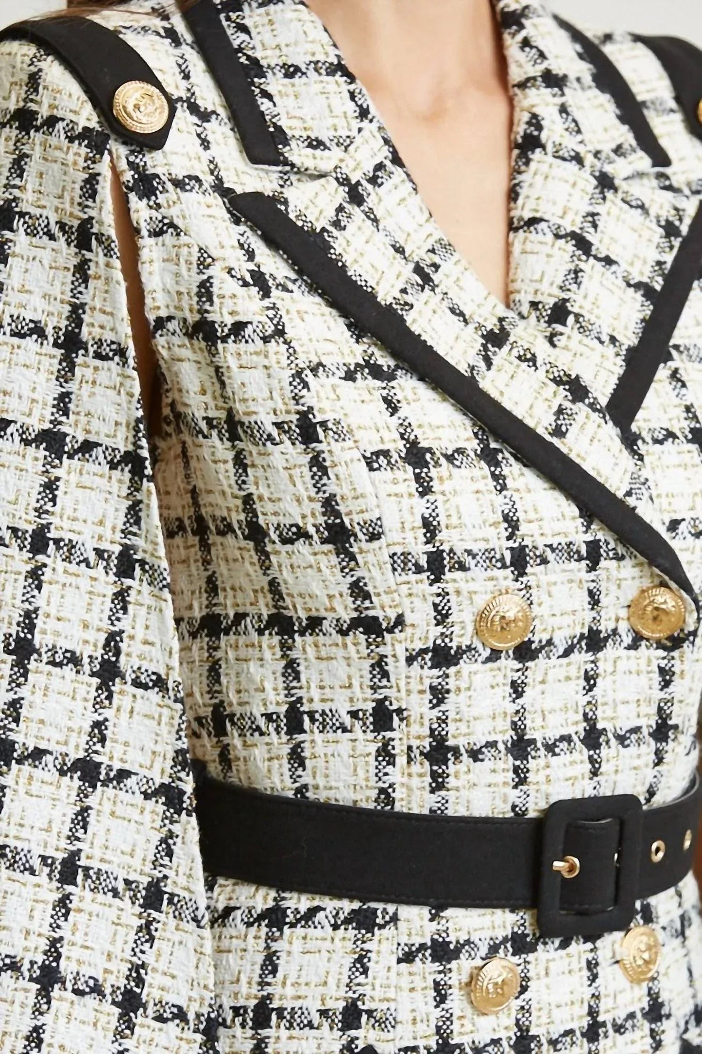 Plaid Tweed Cape Shoulder Dress