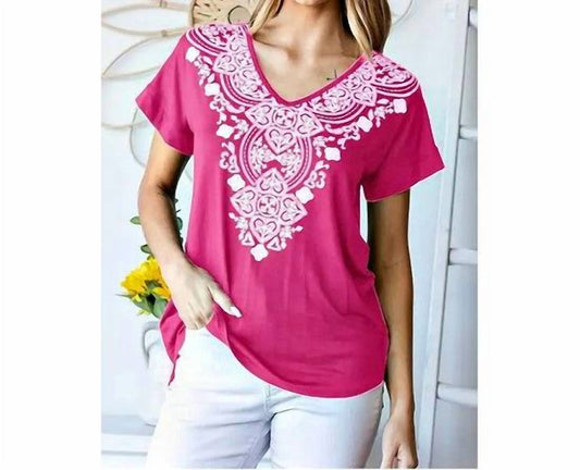 Damask Print V-neck Top - Plus