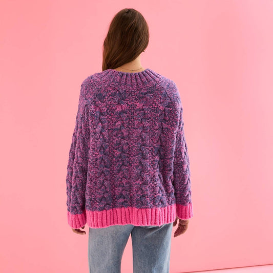 Jennie Cable Marled Strickpullover mit hohem Kragen und Ballonärmeln