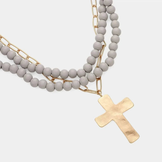 Women's Maribelle Hammered Metal Cross Pendant Wood Bead Necklace