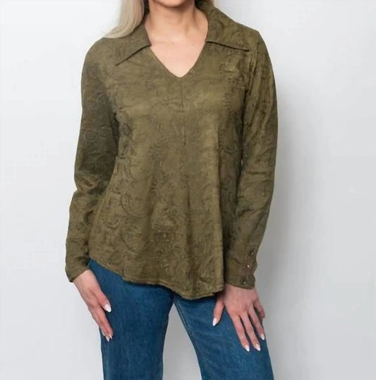 Embroidered Suede Johnny Collar Shirt