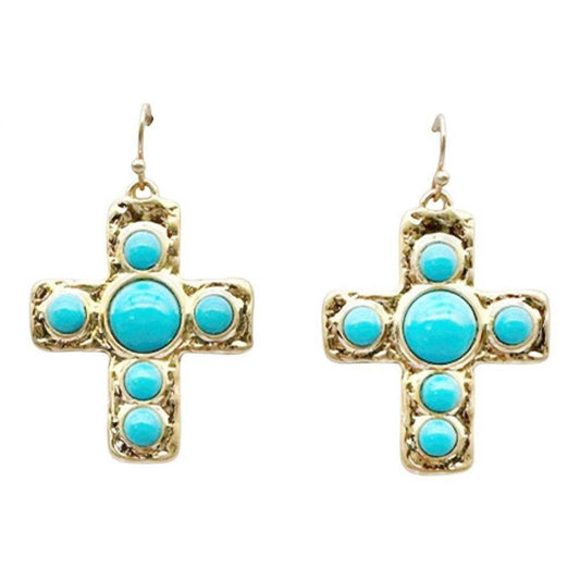 Women's Vintage Style Turquoise & Pearl Cross Earrings