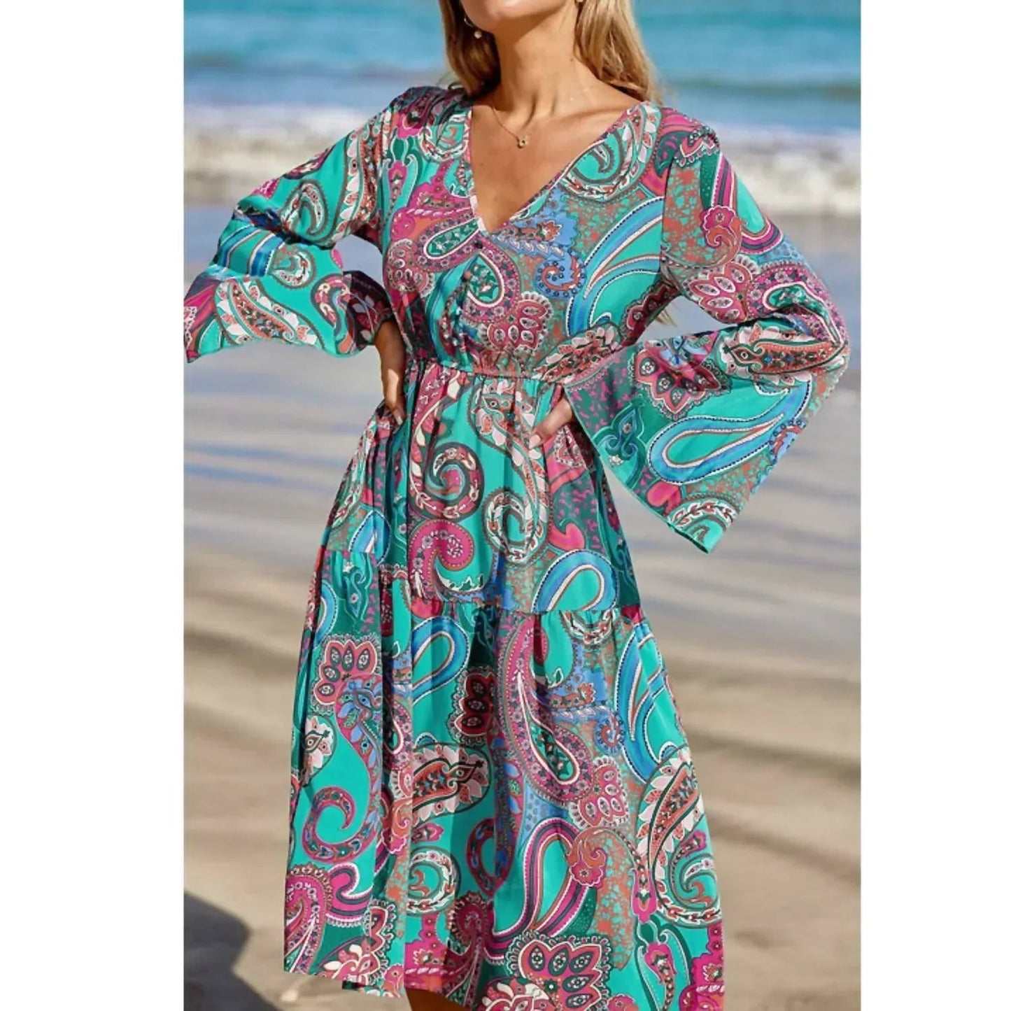 Paisley Resort-Midikleid mit Glockenärmeln