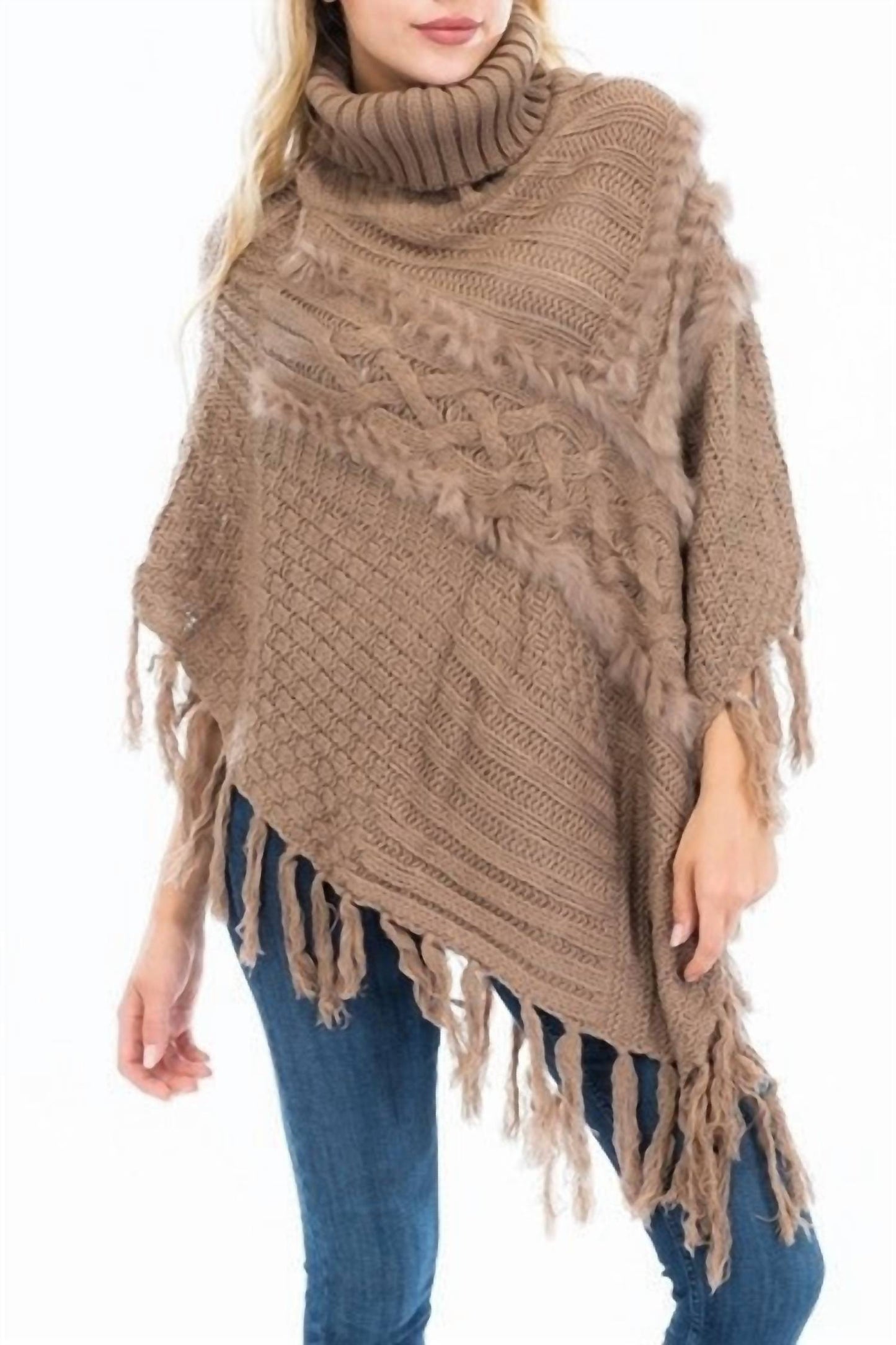 Luxuriöser Rollkragen-Poncho mit Kunstfell-Akzent
