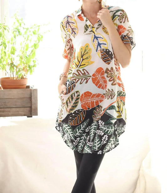 Artisan Leaf With Beading & Embroidered Tunic Top With Pockets