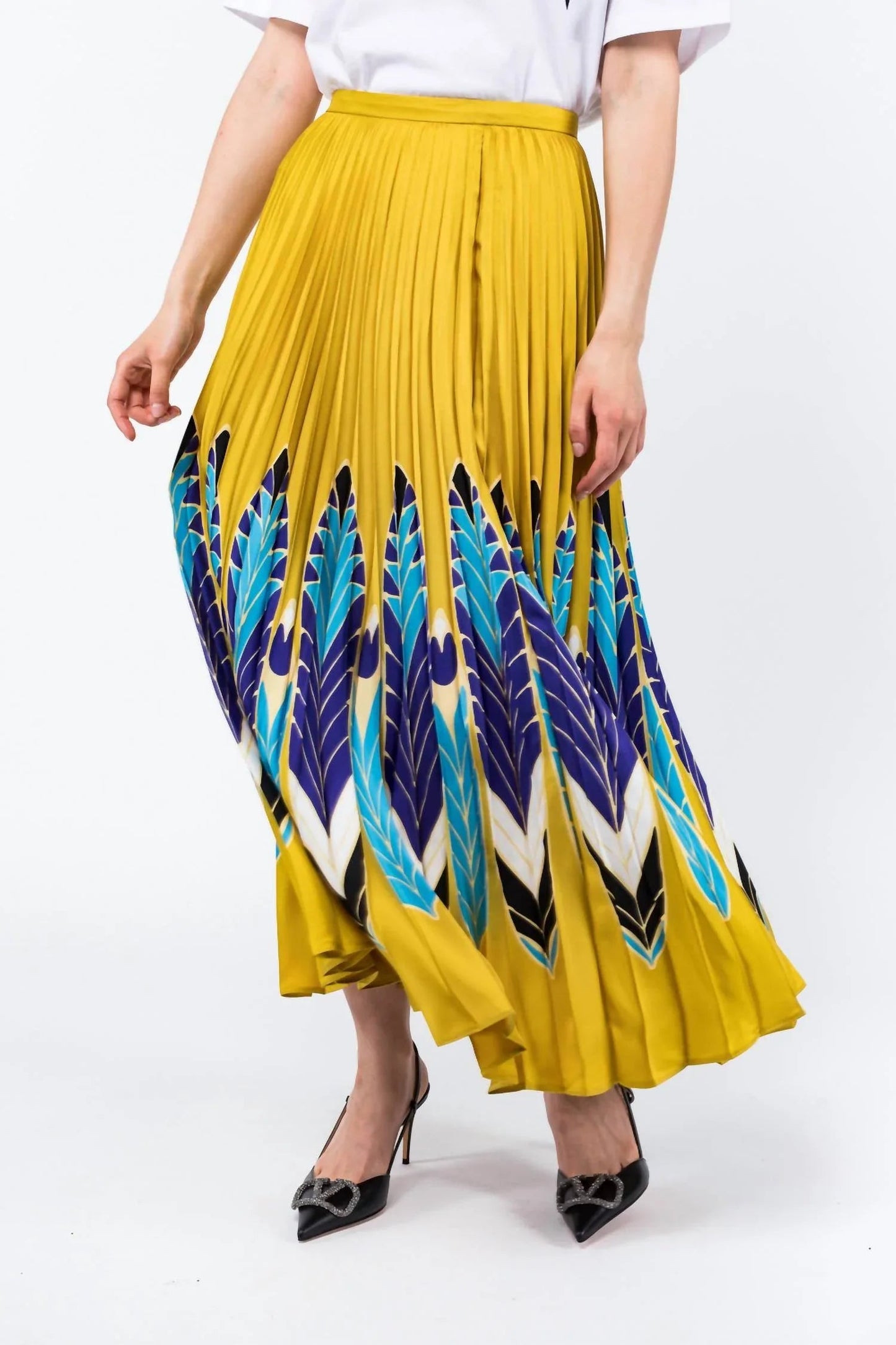 Feather Print Pleated Skirt