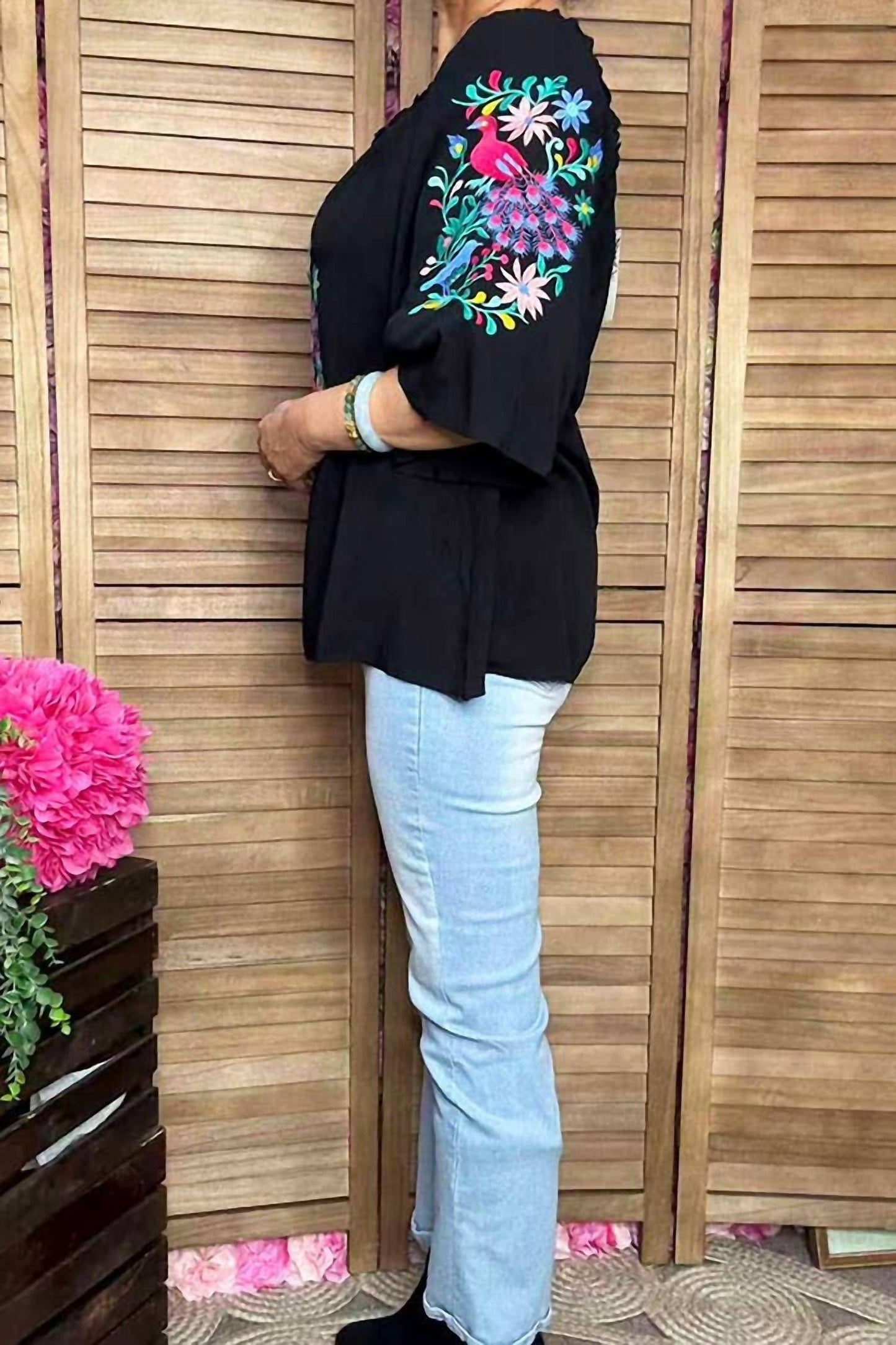 Floral & Bird Embroidered Off-shoulder Boho Top
