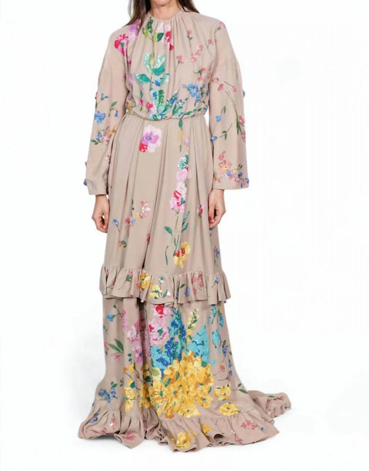Floral Embroidered Ruffle Hem Gown