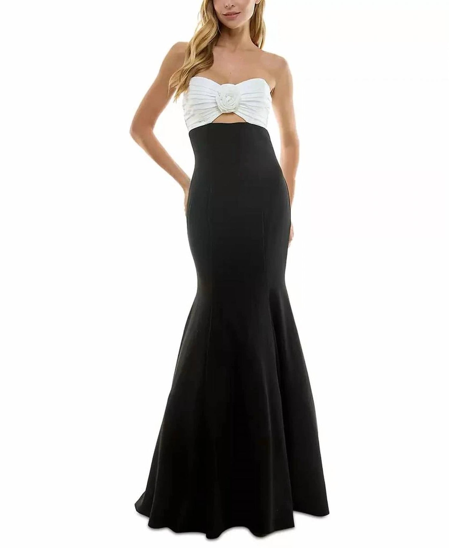 Trägerloses, farblich abgesetztes Kleid mit Rosettenbesatz und Cut-Outs