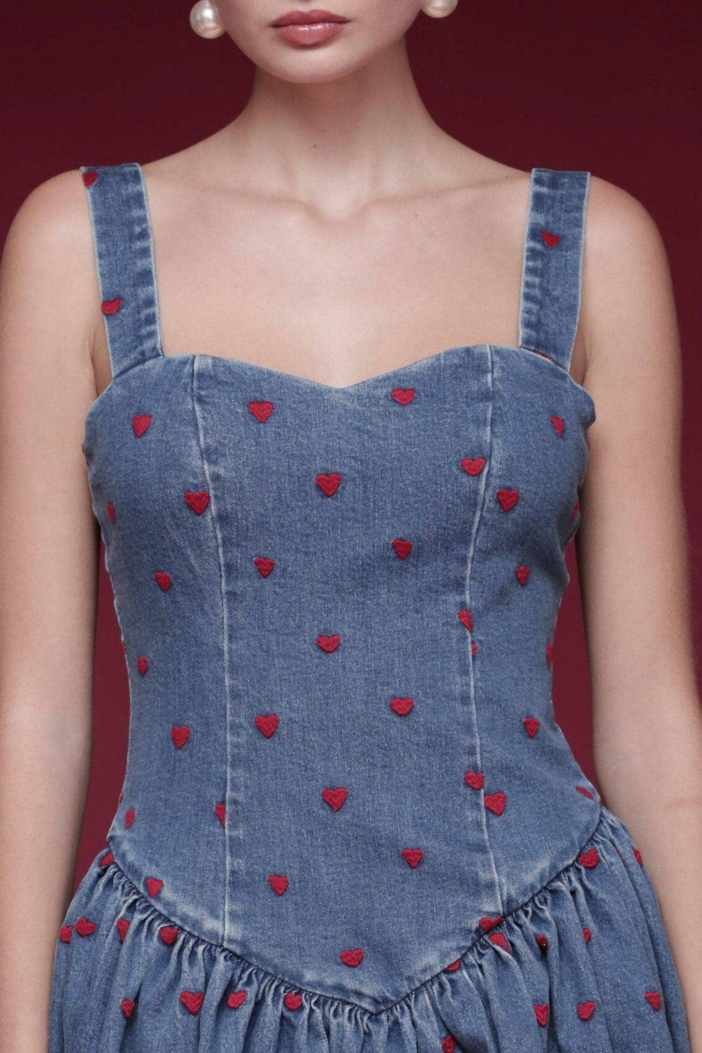 Embroidered Denim Drop-waist Mini Dress