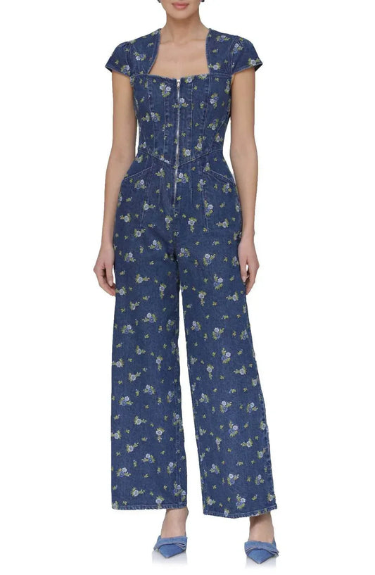 Floral Cap Sleeve Corset Wide Leg Denim Jumpsuit