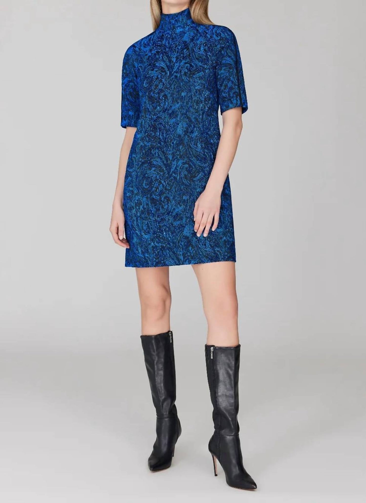 Paisley-Stretch-Jacquard-Rollkragen-Etuikleid