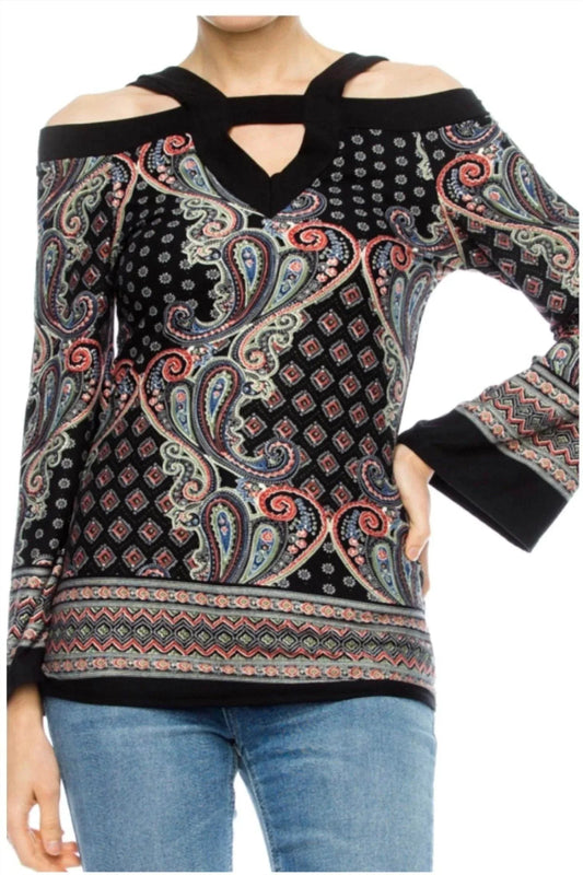 Women's Paisley Cold Shoulder Long Sleeve Top