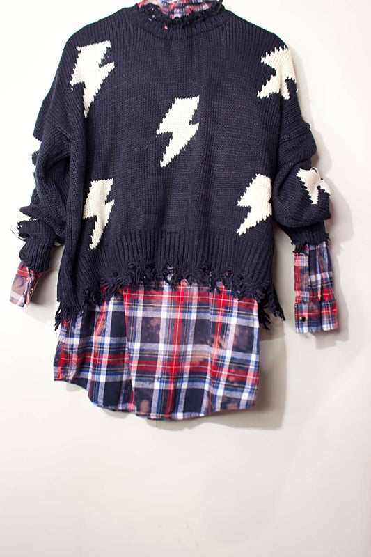Women's Plaid Shirt With Zig Zag Fringe Sweater - 2 Piece Set