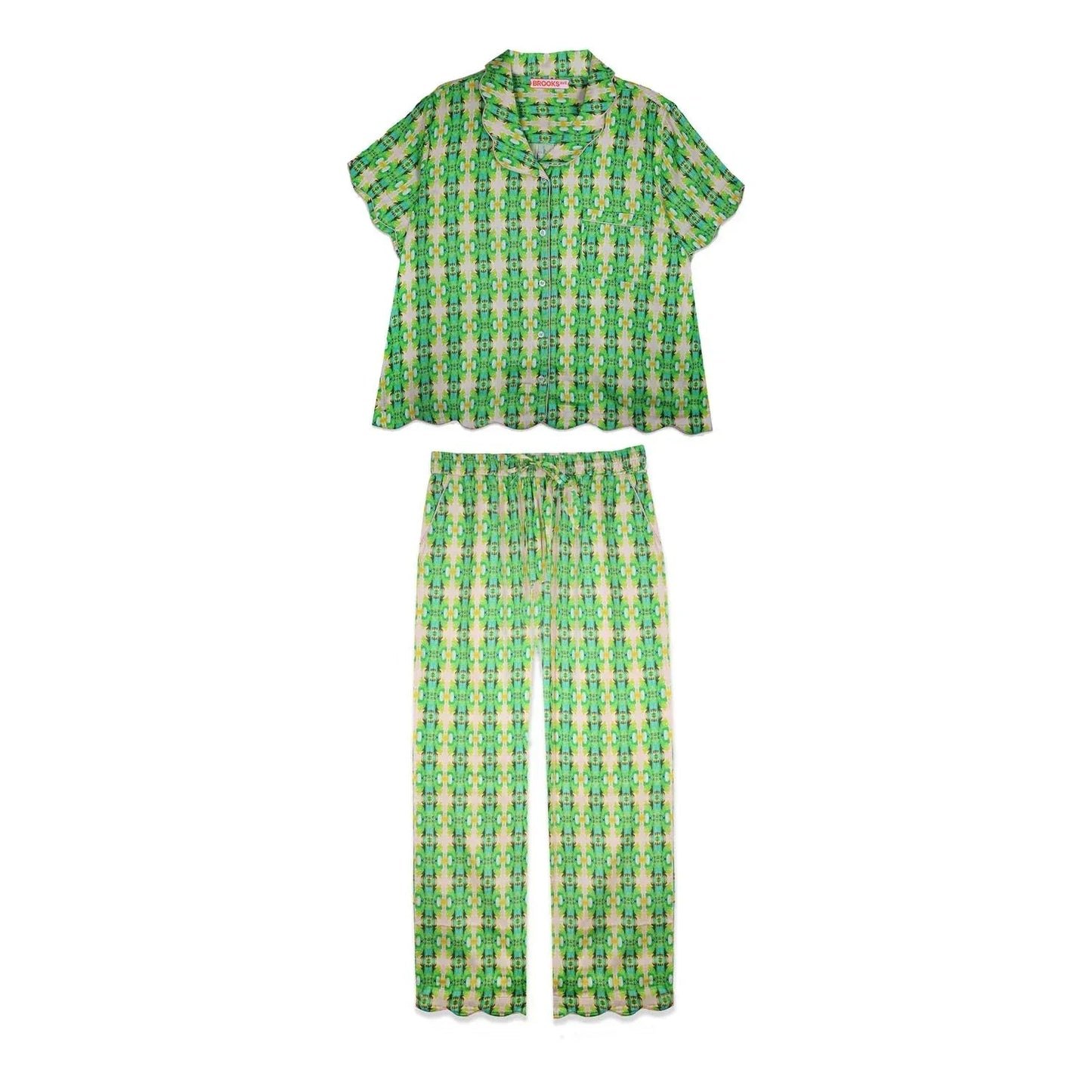 Damen Pyjama-Set mit Wellenkante Lange Hose & Kurzes Oberteil