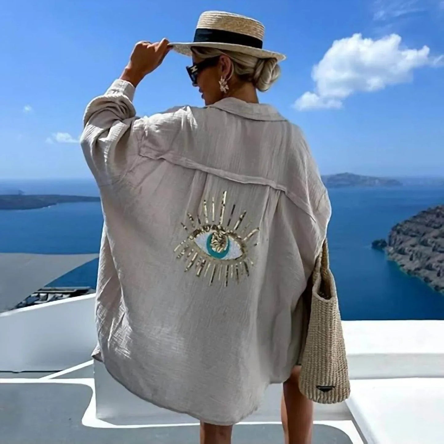 Oversized Evil Eye Gauze Cotton Button Shirt