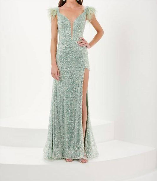 All Over Sequin Feather Trim Gown